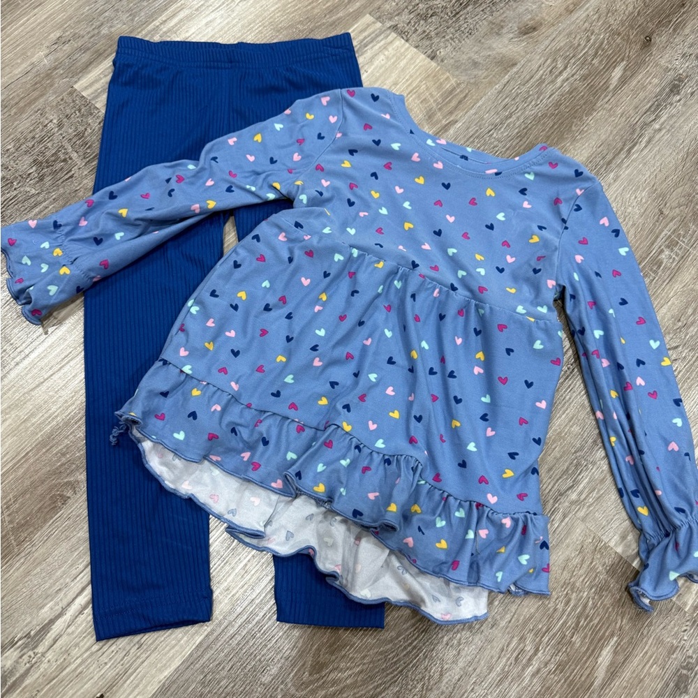 Blue Heart Patterned Top and Leggings Set